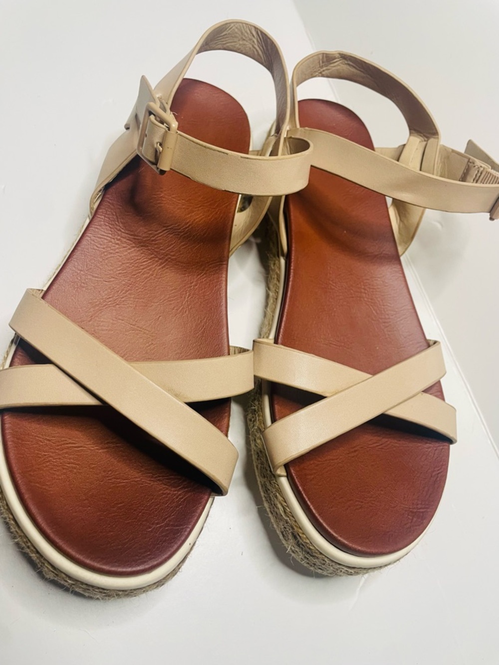 MIA Beige Leather Espadrille Sandals with Brown Footbed
